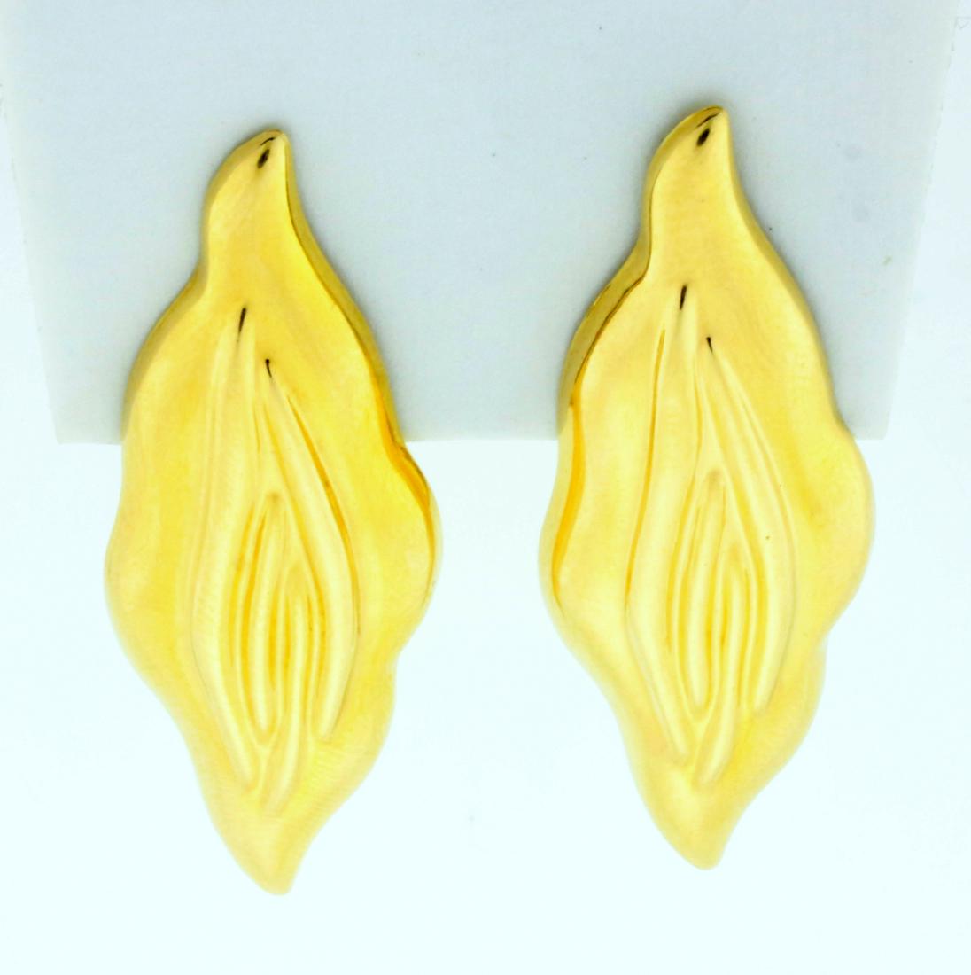 Designer Statement Drop Earrings in 14K Yellow Gold: In 14K Yellow Gold. 1 3/4 inches long, 1/2 inch wide with French Omega backs for pierced ears. 6.4g.
