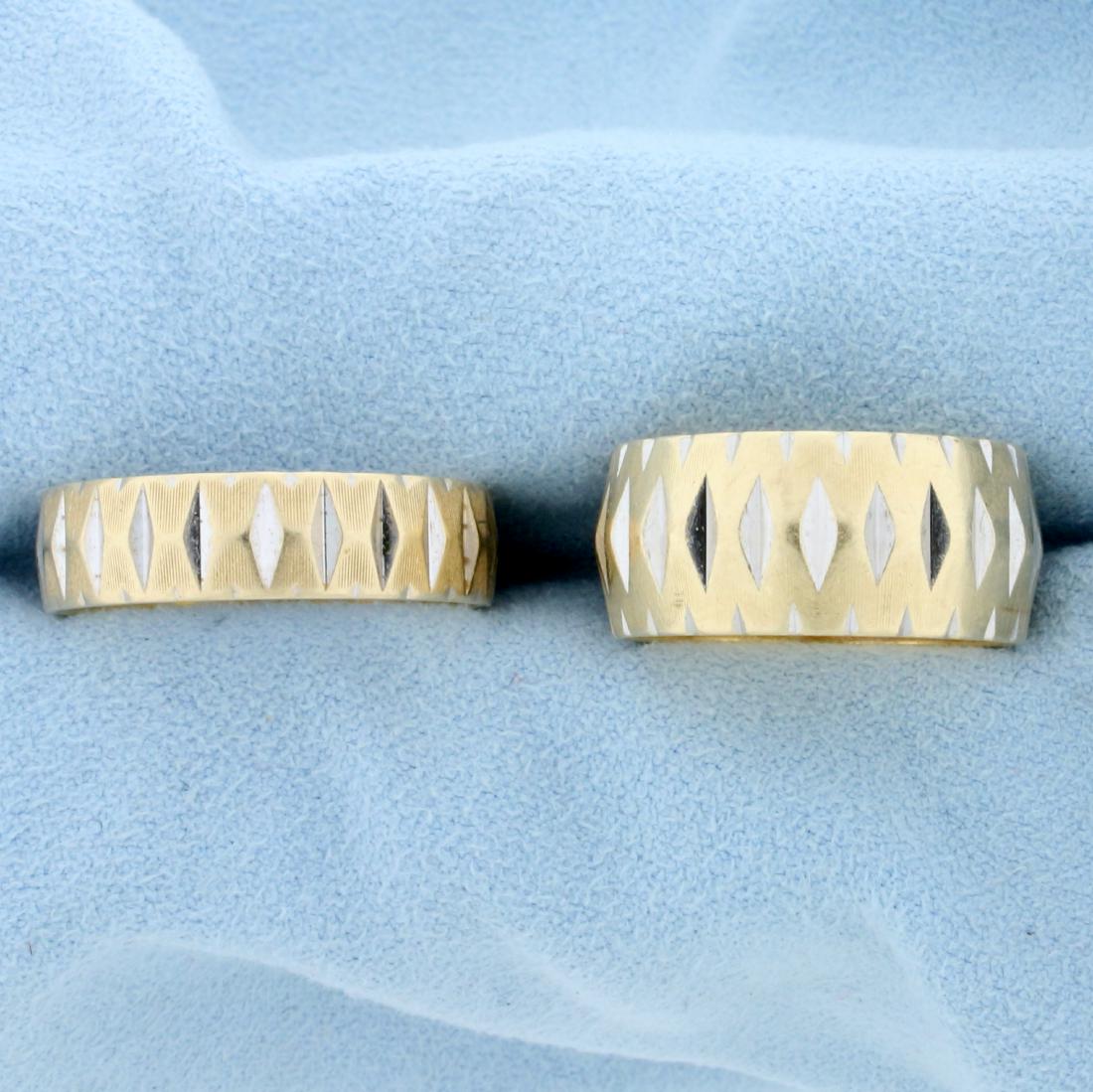 Unique Diamond Cut Men's And Woman's Wedding Band Ring: In 14K Yellow and White Gold. Woman's band is 9.5mm wide and size 8 1/2. Men's band is 6mm wide and size 11 1/4. 12.9g.