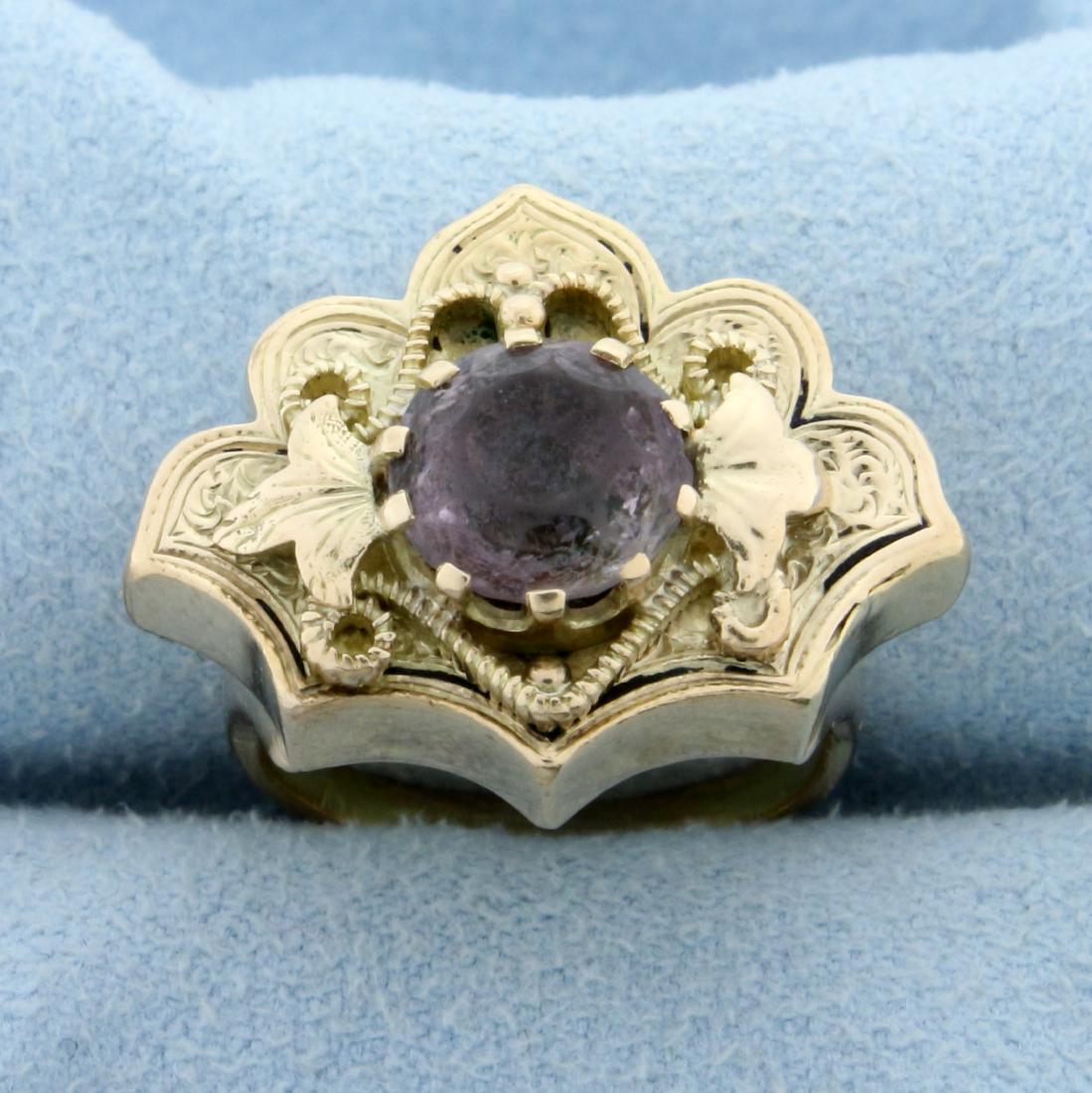 Antique 2ct Amethyst Victorian Ring in 14K Yellow Gold: In 14K Yellow Gold with Rose Undertones. Contains one high quality natural 2ct round Amethyst gemstone with light purple color and excellent clarity. Stone has some abrasion typical of age. Size 5 1/2
