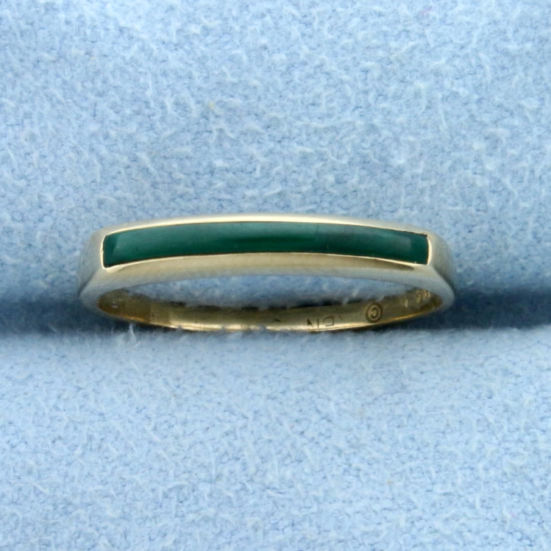 Vintage Kabana Designer Malachite Stacking Ring in 14K: In 14K Yellow Gold. Contains beautiful malachite gemstone inlayed across ring, 15mm long, with beautiful green color. 2.7mm wide. Size 5 1/2. 1.6g.