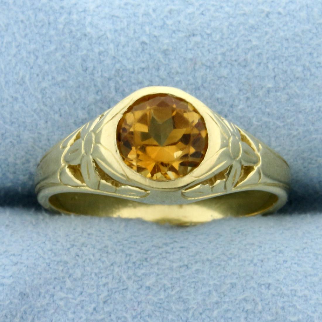 Antique 1.3ct Citrine Ring in 18K Yellow Gold: In 18K Yellow Gold. Contains one high quality natural 1.3ct round cut Citrine gemstone with deep yellow orange color and excellent clarity and a detailed bezel setting. Size 9. 5.7g.