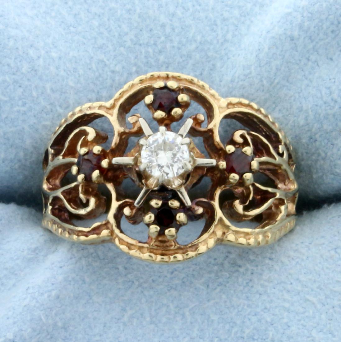 Vintage Diamond and Garnet Ring in 14K Yellow Gold: In 14K Yellow Gold. Contains a high quality 1/5ct round brilliant cut Diamond, SI clarity/I color. Also contains four high quality natural 2.75mm garnet gemstones with excellent clarity. Size 8 1/4. 1