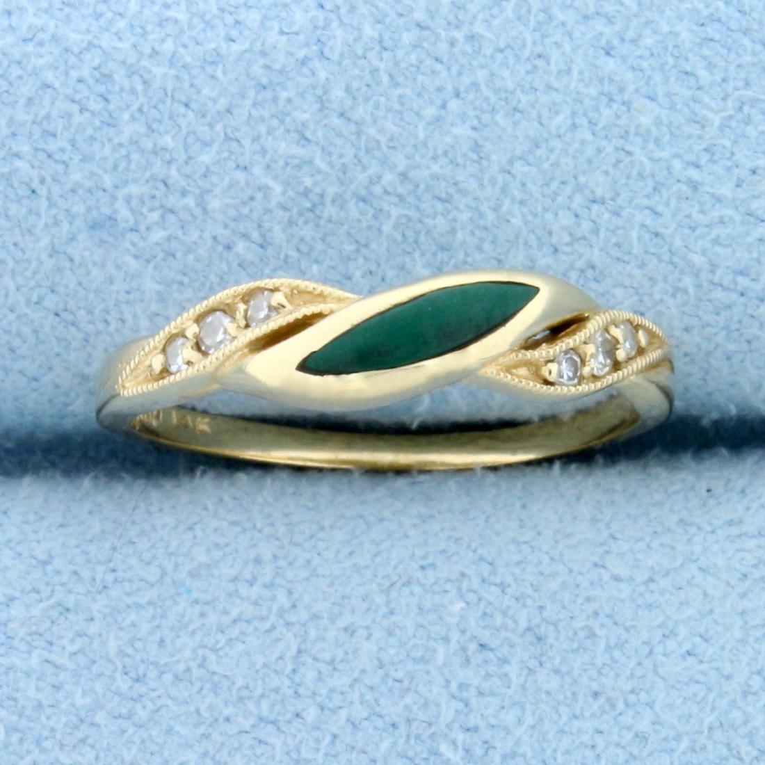 Vintage Kabana Designer Malachite and Diamond Stacking: In 14K Yellow Gold. Contains six high quality 1/2pt Diamonds and one high quality 9 x 3mm cabochon Malachite gemstone with beautiful deep green color. Size 5 1/2. 1.8g.