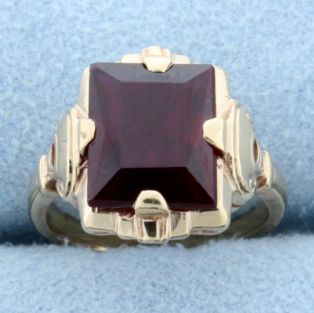 Antique 3ct Lab Ruby Solitaire Ring in 10K Rose Gold: In 10K Rose Gold. Contains a high quality Lab 10 x 8mm Ruby gemstone with beautiful vibrant red color and excellent clarity. Size 4. 3.3g.