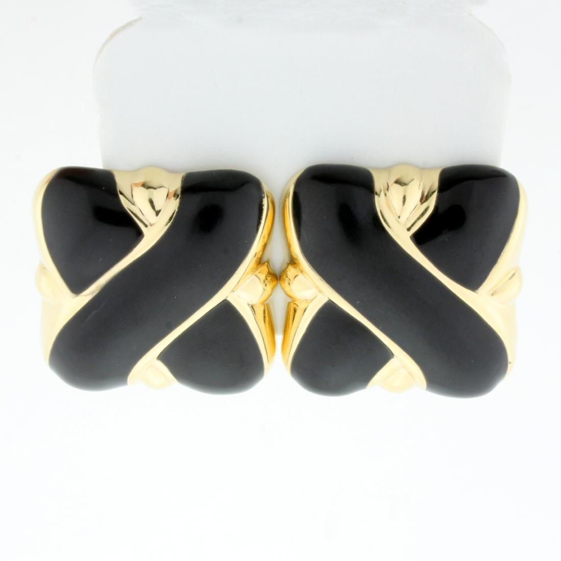Large Onyx X Style Earrings for in 14K Yellow Gold: In 14K Yellow Gold. Has Omega backs for non-pierced ears but will add posts to make into French backs for pierced ears at no cost upon request. 1 inch long, 1 inch wide. 9.7g.