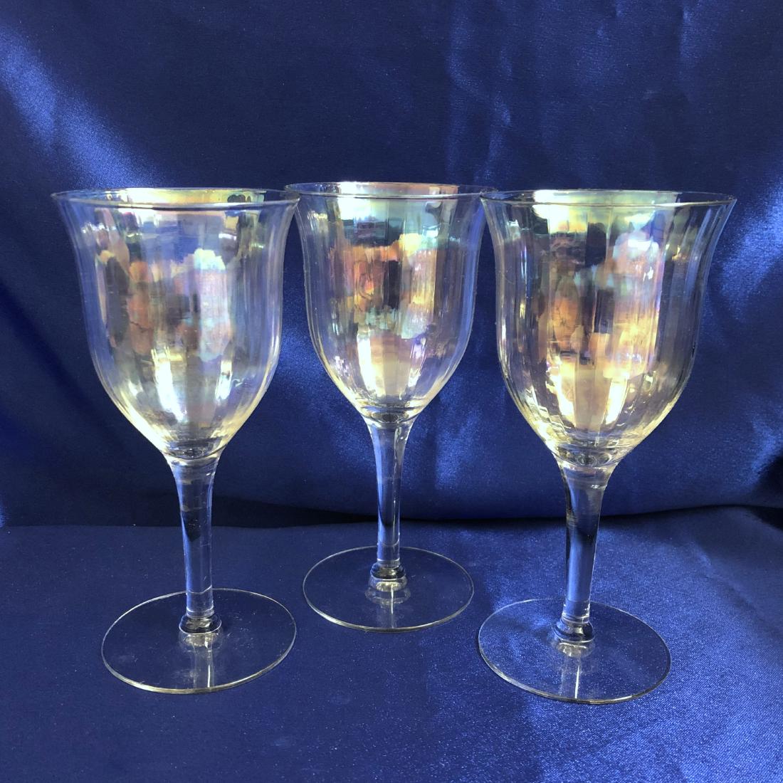 Set of 3 Rainbow Iridescent Wine Glasses or Water: 6 5/8 inches tall, 3 1/4 inches wide. Pairs well with Fostoria Rainbow pattern stemware.