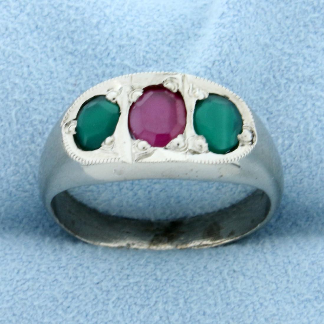 Antique 3-Stone Emerald and Ruby Ring in Sterling: In Sterling Siler. Contains two high quality natural 5 x 4mm oval Emerald gemstones with a beautiful green color. Also contains one high quality natural 6 x 5mm oval Ruby gemstone with bright red colo