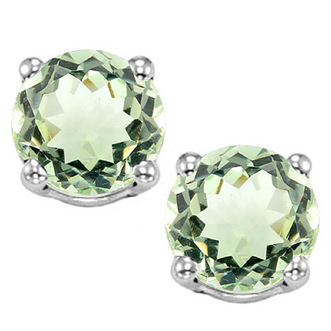 8MM Large Green Amethyst Stud Earrings in Sterling: Set in platinum over .925 sterling silver, 4-prong basket mountings with friction backs. Contains 2-8mm round cut genuine Green Amethyst gemstones with excellent clarity and light green tea color. 2.1