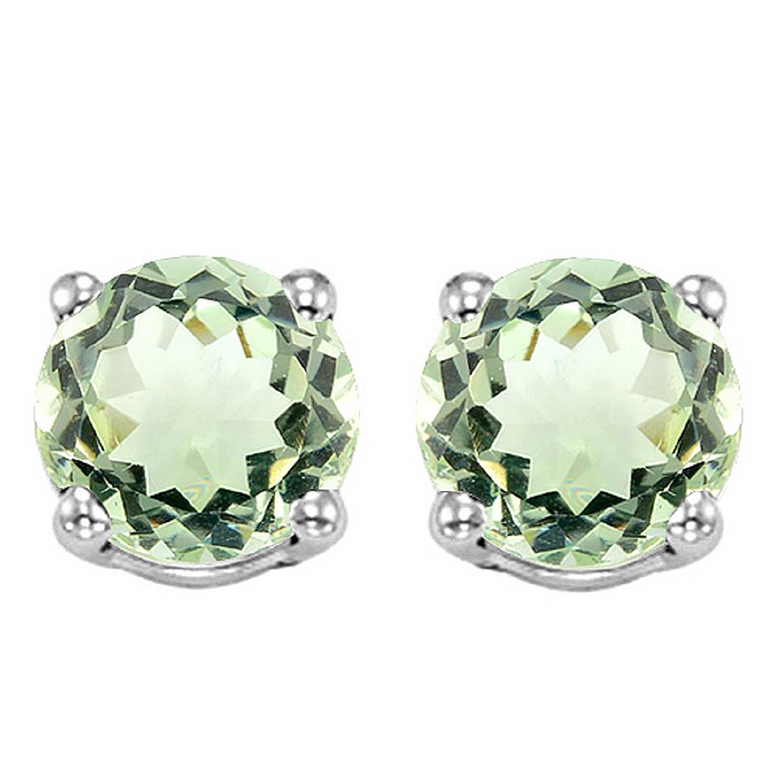 6MM Green Amethyst Stud Earrings in Sterling Silver: Set in platinum over .925 sterling silver, 4-prong basket mountings with friction backs. Contains 2-6mm round cut genuine Green Amethyst gemstones with excellent clarity and light green tea color. 1.1
