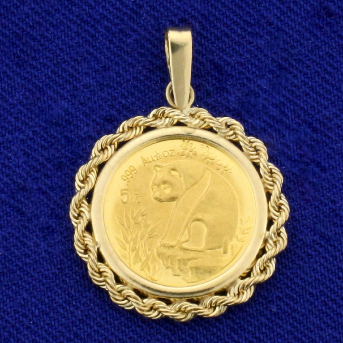 5 Yuan Panda 1/20oz .999 Gold Coin Pendant in 14 K: Coin is 99.9% gold, bezel is 14k yellow gold. 1998 5 Yuan Panda coin contains 1/20 oz of pure gold. 1 inch long with bale. 2.5g.