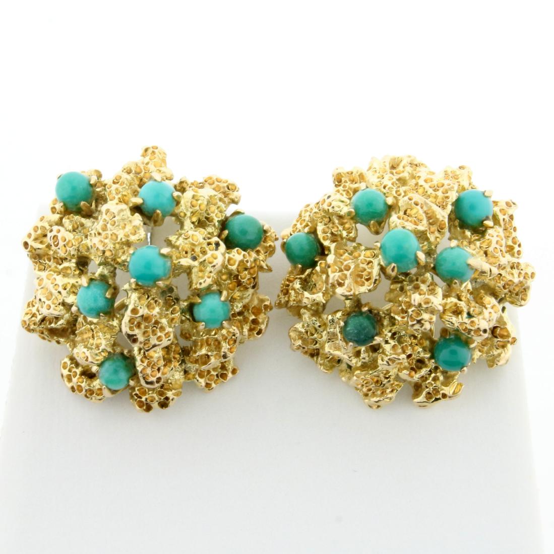 Coral Design Turquoise Clip-On Earrings in 14k Yellow: In 14K Yellow Gold. 1 inch long with omega clip-on backs for non-pierced ears. Contains seven high quality natural 3mm Turquoise gemstones with vibrant color and excellent clarity, no matrix. 18.0g.