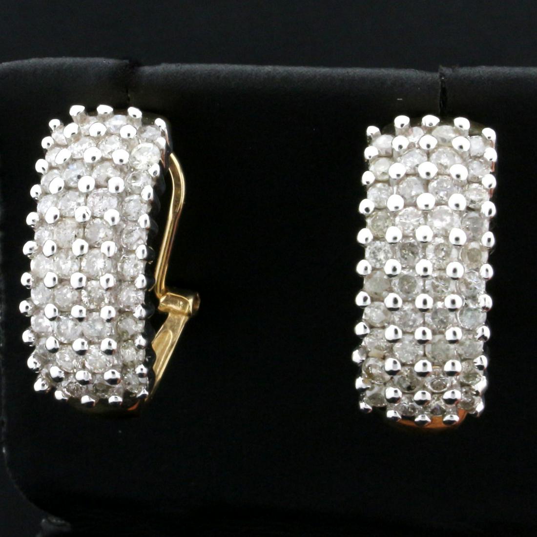 2ct TW Diamond Earrings in 10K Yellow Gold: In 10K Yellow Gold. Each earring contains forty high quality round brilliant Diamonds, I color/I clarity. 1" long with omega lever backs. 6.5g