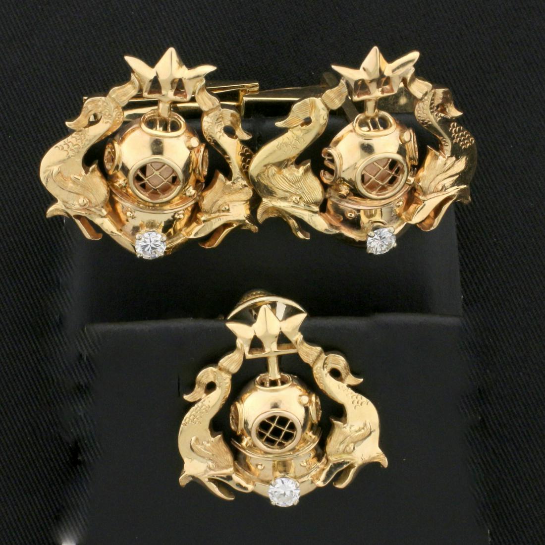 Diving Design Diamond Cuff Link and Tie Pin Set in 14K: In 14K Yellow Gold. Each cuff link and tie pin contains one high quality .1ct round brilliant cut Diamond, VS clarity/G color. Each piece is 7/8 inch long and 1 inch wide. 18.3g