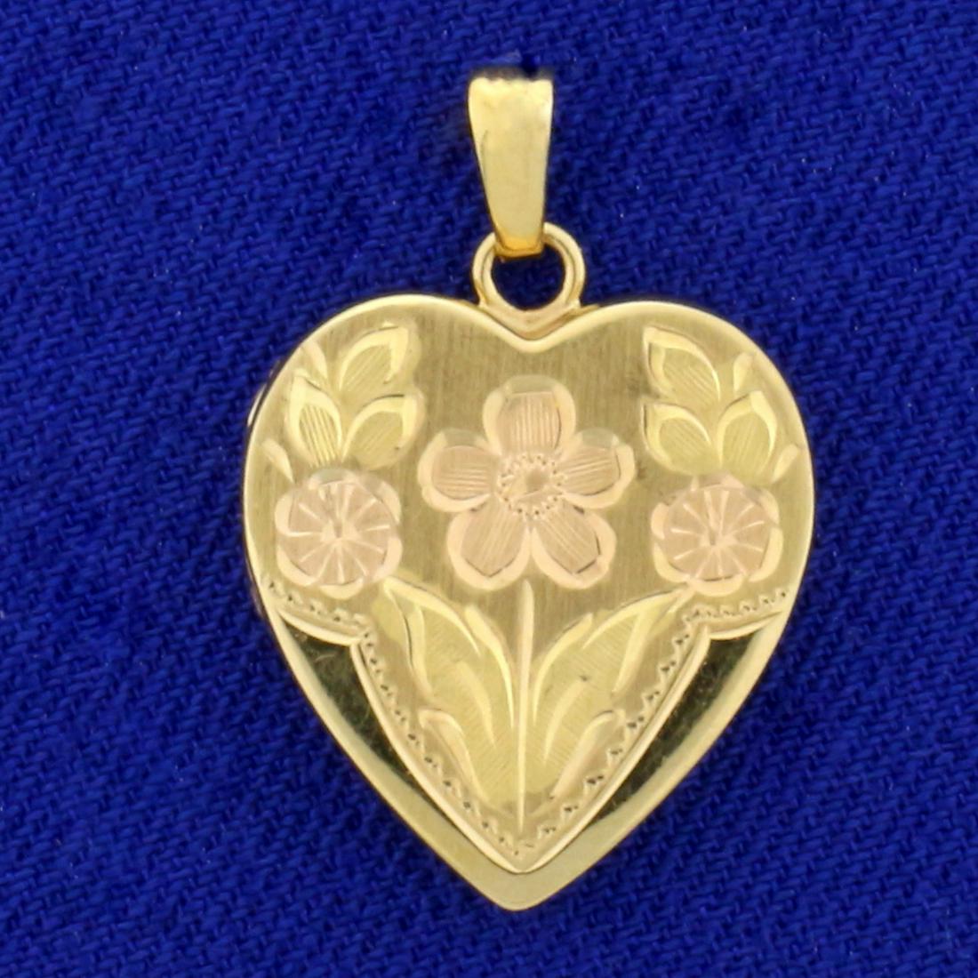 Floral Design Heart Locket Pendant in 14K Yellow and: In 14K Yellow and Rose Gold. 7/8 inch long including bale, 5/8 inch wide. 1.6g.