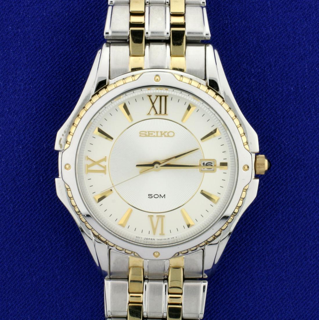 Men's Seiko Two-Tone Large Face Watch in Stainless: In Stainless Steel. New battery, movement runs great. Great condition, no scratching on crystal. Water resistant 50m. 102.8g.