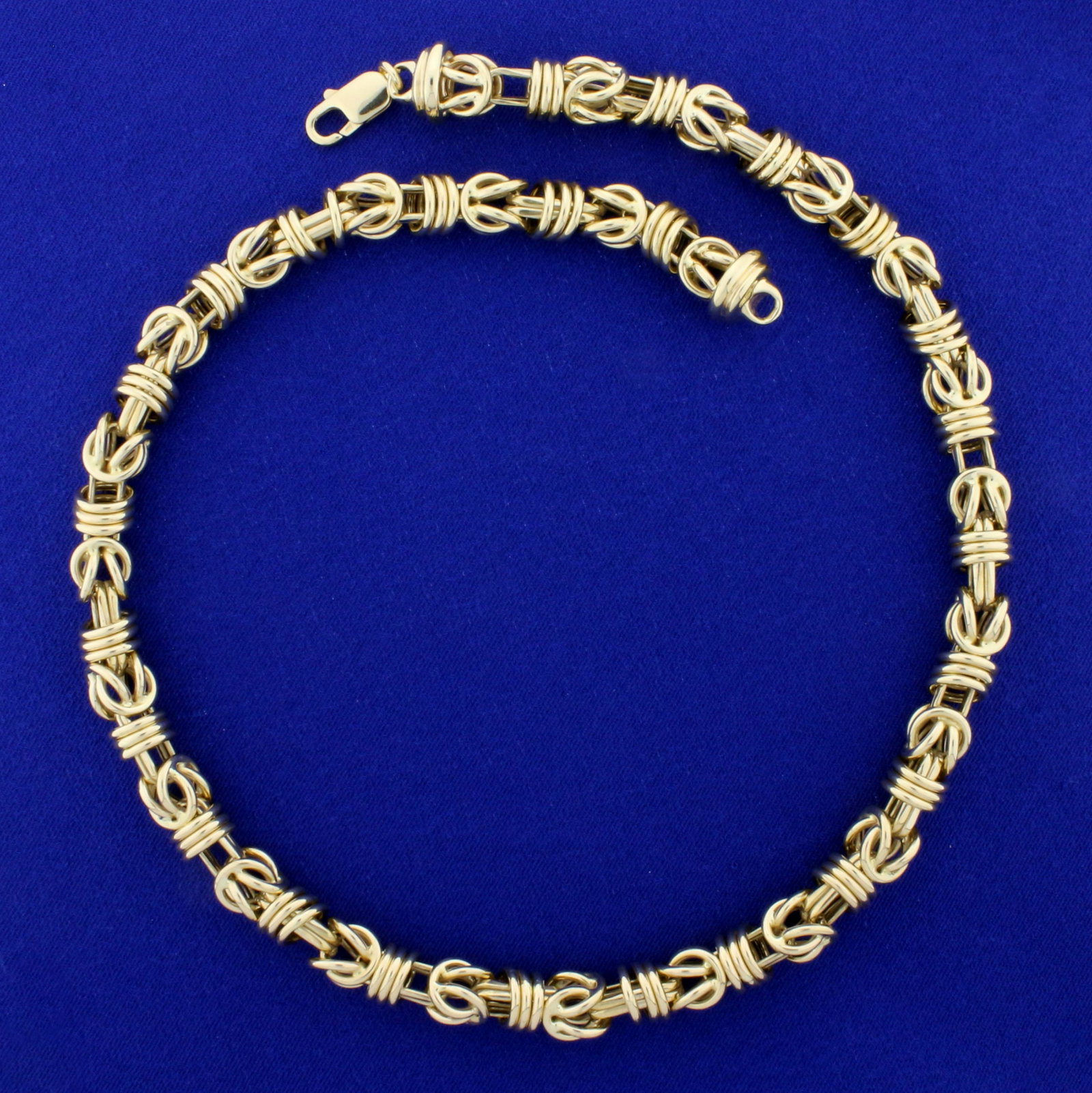 Heavy Designer Elongated Byzantine Link Neck Chain in: In 14K Yellow Gold. 19 1/2 inches long, 9.3mm wide. 68.3g.