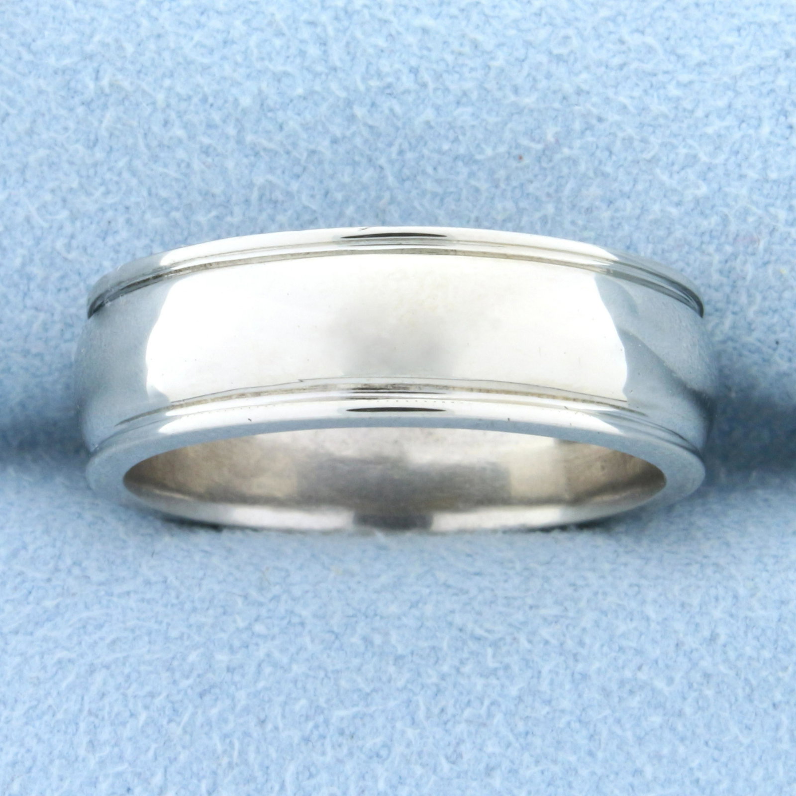 Wide Heavy Men's Wedding Band Ring in 14K White Gold: In 14K White Gold. 7.1mm wide. With banded edge. Size 10 1/2. 11.7g