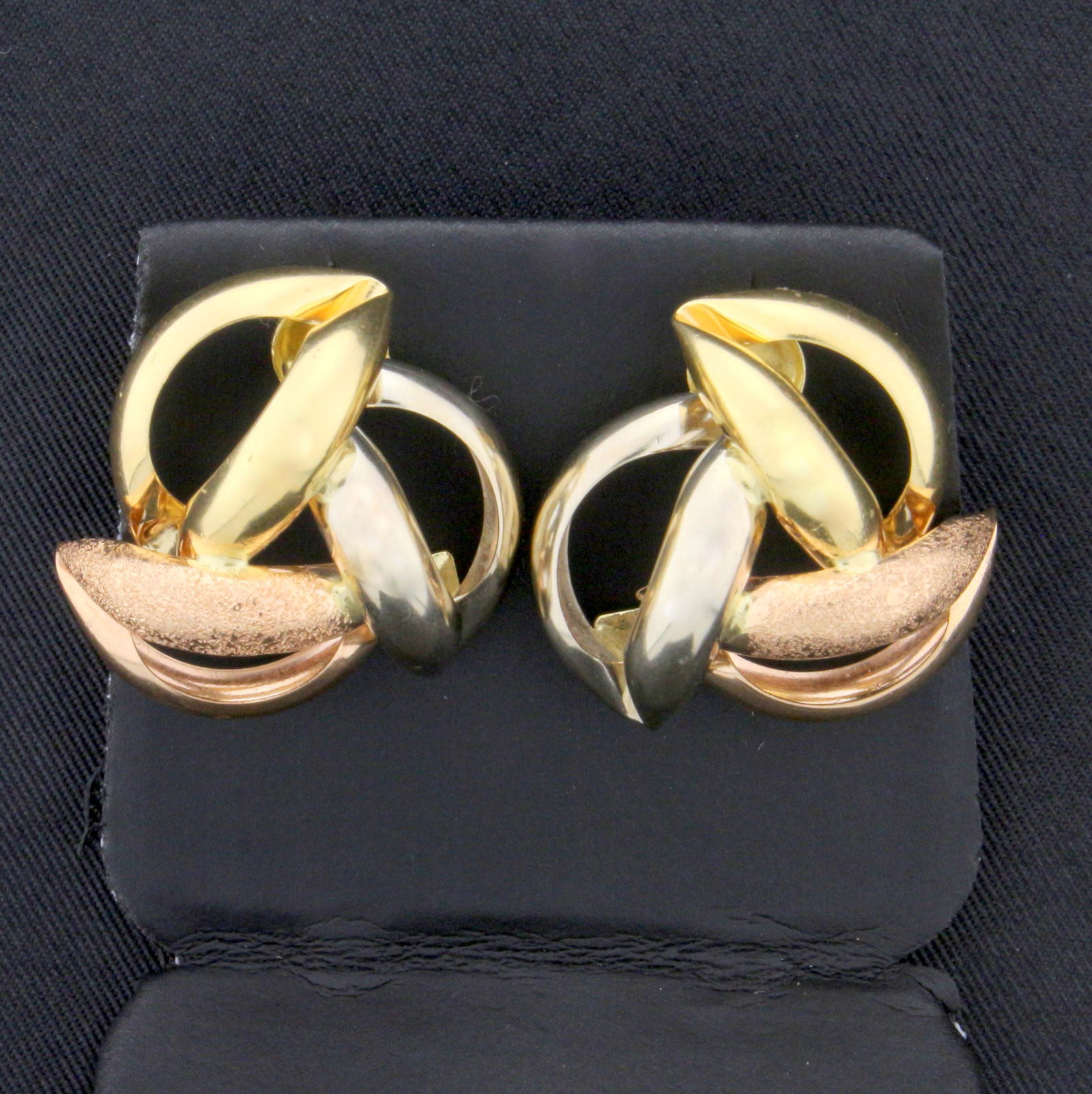 Rose, White and Yellow 14k Gold Designer Earrings: In 14k yellow, rose, and white gold. 7/8" long, does not include backs. 5.0g.
