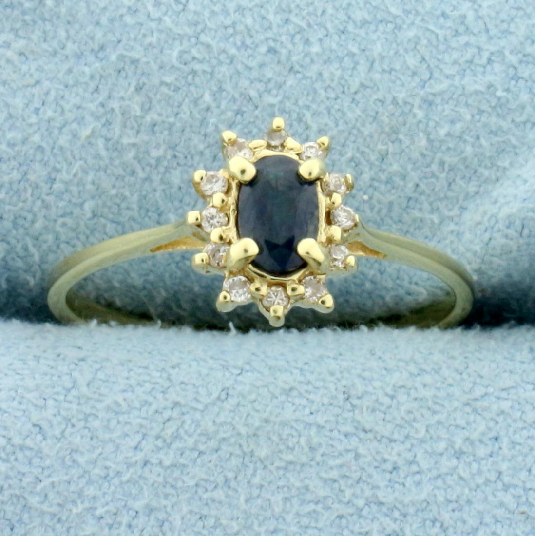 Natural Alexandrite and Diamond Ring in 14K Yellow Gold: In 14K Yellow Gold. Contains one high quality natural 5 x 3mm oval cut Alexandrite gemstone, 1/4ct, with intense color change from green to blood red. Also contains twelve high quality 1/2pt Diamonds.