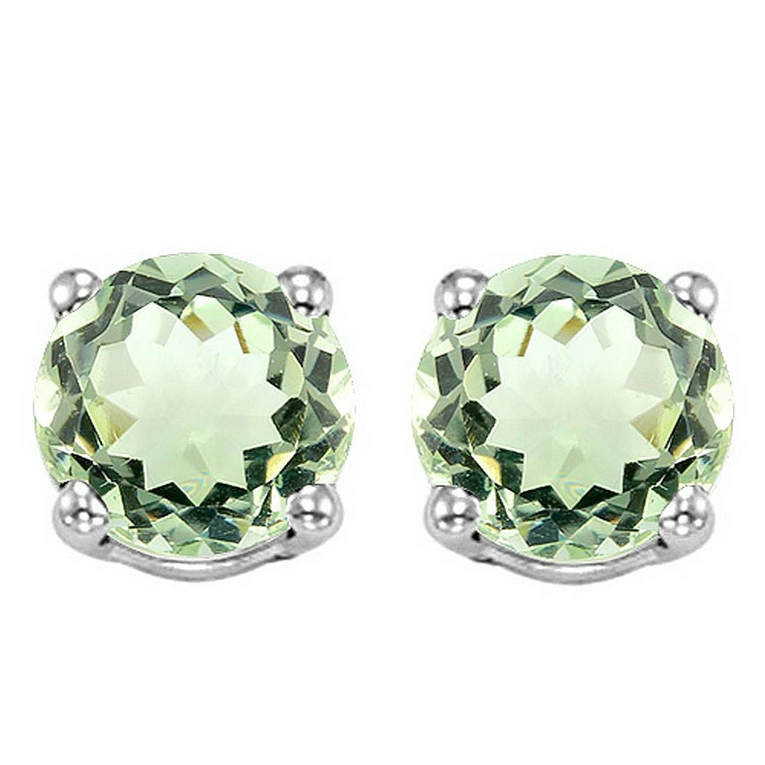 6MM Green Amethyst Stud Earrings in Sterling Silver: Set in platinum over .925 sterling silver, 4-prong basket mountings with friction backs. Contains 2-6mm round cut genuine Green Amethyst gemstones with excellent clarity and light green tea color. 1.1