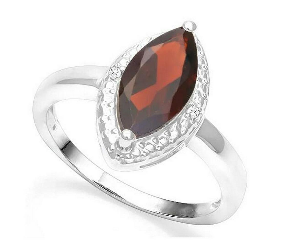 Large 1.9CT Garnet & Diamond Ring in Sterling Silver: Marquise cut 1.9ct garnet gemstone ring, accented with .01ctw genuine diamonds. Size 8. Set in platinum over sterling silver, 3.1g.