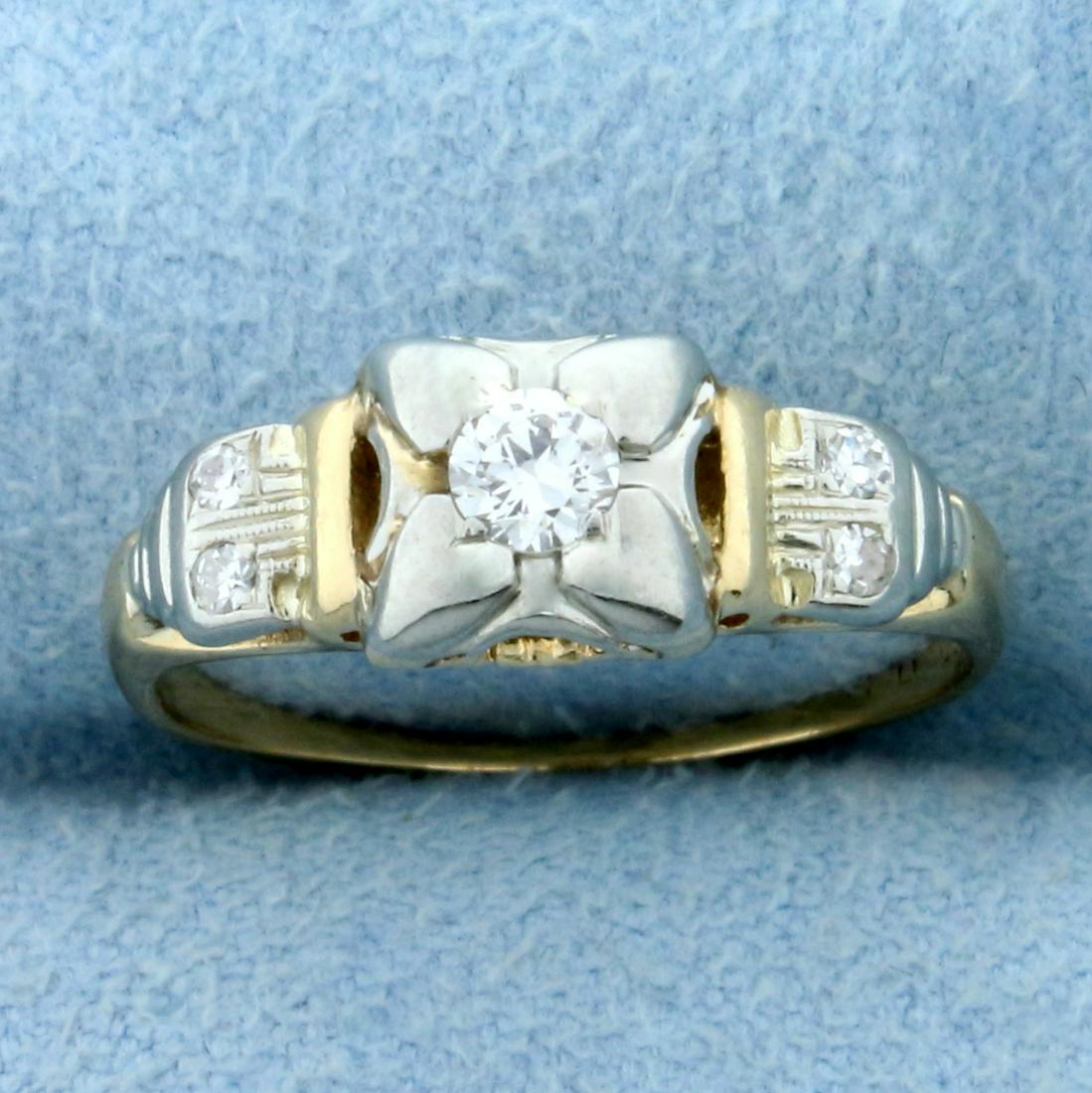 Vintage Edwardian .12ct TW Diamond Ring in 14K and 18K: In 14K and 18K Yellow and White Gold. Contains one high quality .10ct diamond, VS clarity/H color. Also contains four high quality 1/2pt round cut Diamonds of similar high quality. Size 4. 1.7g.