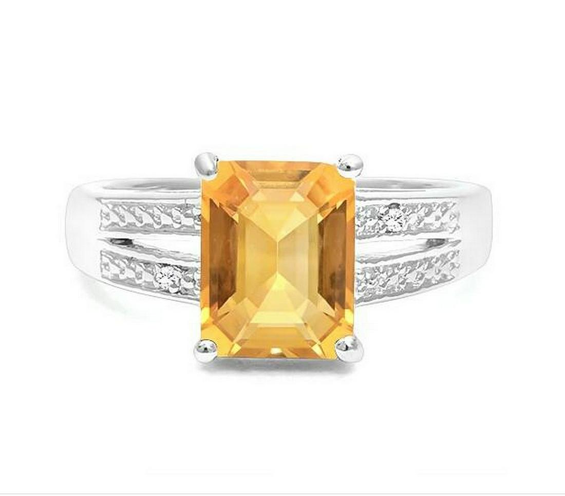2CT Golden Citrine & Diamond Ring in Sterling Silver: Emerald cut 2.07ct citrine gemstone ring with deep golden color, accented with .01ctw genuine diamonds. Size 8. Set in platinum over sterling silver, 3.4g.