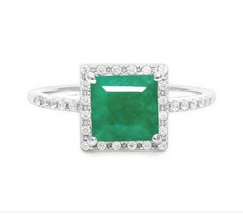 2.3CT Emerald Halo Ring in Sterling Silver: Square cut 2.3ct genuine emerald ring with rustic green color, accented with white sapphires in a halo around center stone. Size 7. Set in platinum over sterling silver, 2.4g.