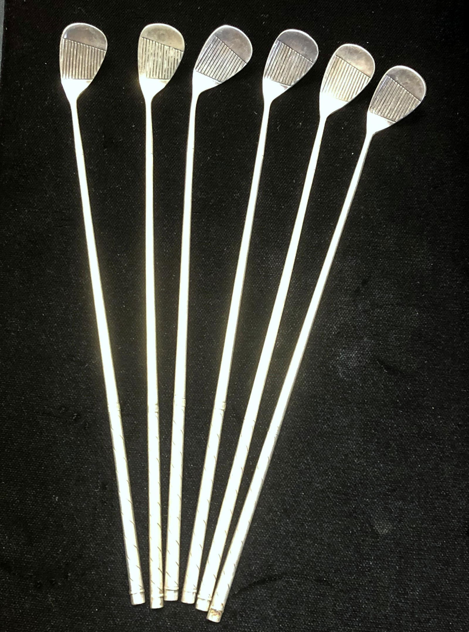 Set of Six Alvin Gold Club Silver Swizzle Sticks or: 8.5 inches long, stamped "Alvin". Can be used for swizzle sticks or iced tea stir sticks. Great gift idea for a golf fan. 141.9g