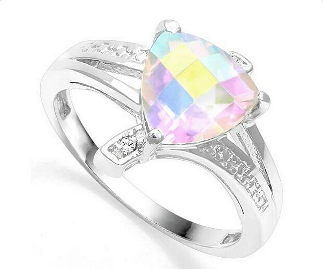1.5CT Mercury Mystic Topaz & Diamond Ring in Sterling: Fancy trillion cut 1.54ct genuine mercury topaz gemstone ring accented with .01ctw genuine diamonds. Size 7. Set in platinum over sterling silver, 2.8g.