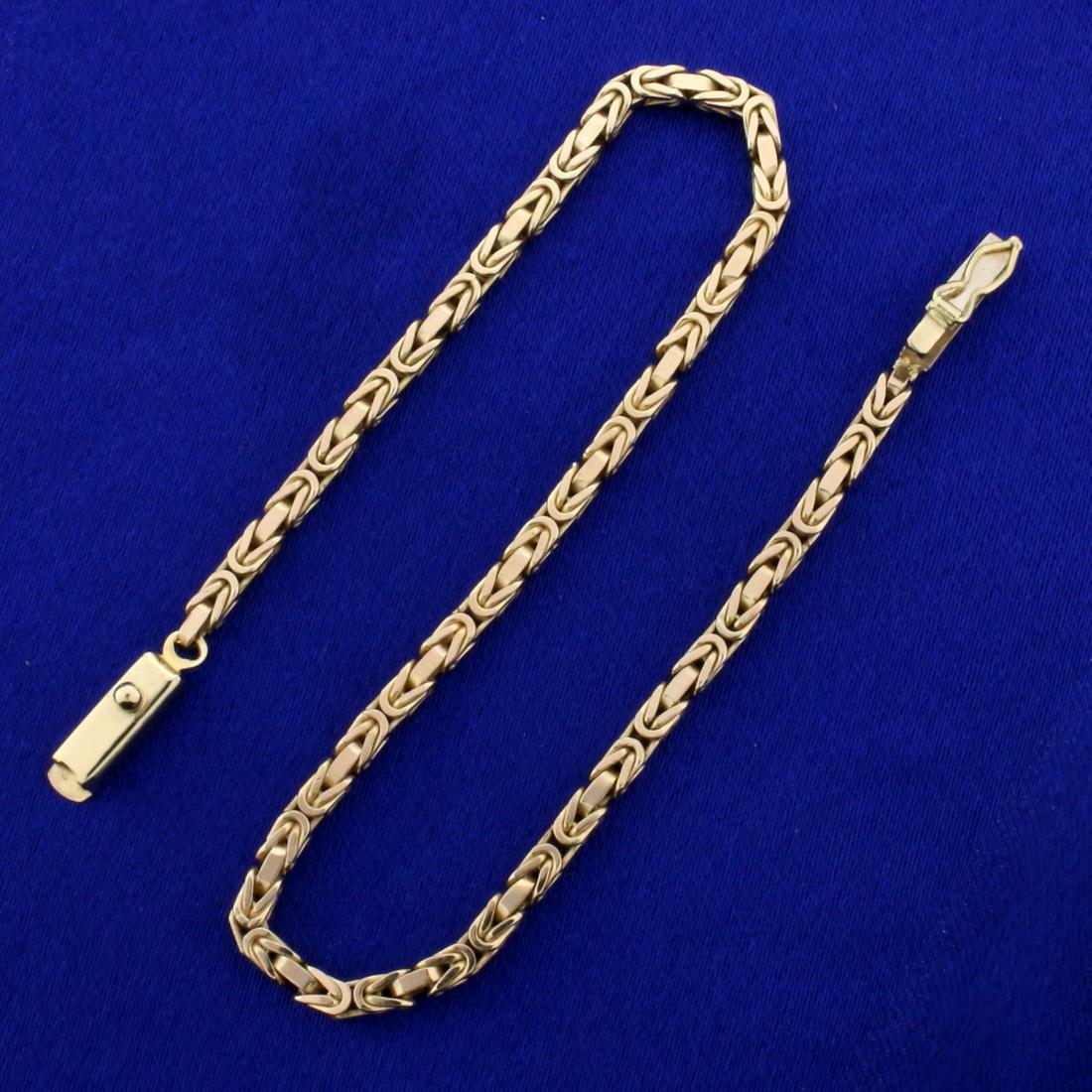 8 1/2 Inch Italian Made Byzantine Link Bracelet in 14K: In 14K Yellow Gold. 8 1/2 inches long. 2.2mm wide. Safety Clasp. 8.6g