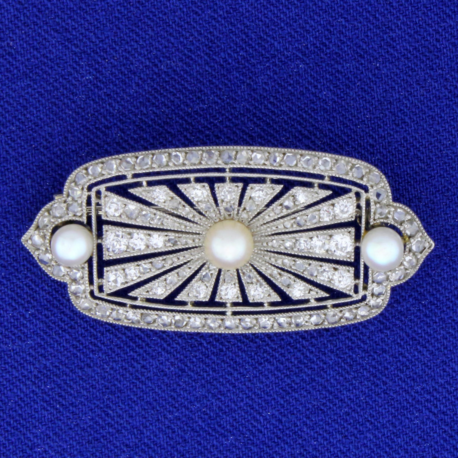 Over 1ct TW Antique Diamond and Pearl Pin in Platinum: In Platinum. Contains three high quality Akoya Cultured Pearls ranging from 3.75-4.4mm each with great color and mirror like luster. Also contains 104 high quality Point Cut and Old European Cut diamo
