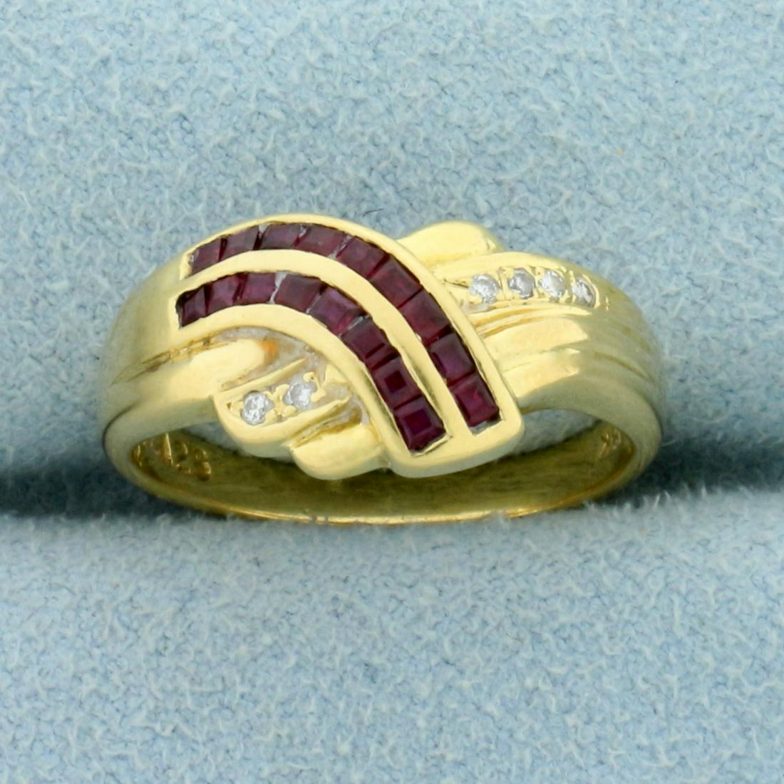 Vintage Wave Design Ruby and Diamond Ring in 18K Yellow: In 18K Yellow Gold. Contains seventeen high quality natural 1mm princess cut Ruby gemstones with deep ruby red color and excellent clarity. Also contains six high quality 1/2pt Diamonds. Size 7 1/4. 4