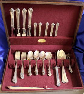 Oneida Damask Rose 52- Piece Sterling Silver Flatware: In sterling silver, NOT plated. In excellent condition. Sterling silver set contains: 4 forks - 7.75 inches, 7 salad forks - 6.5 inches, 19 teaspoons - 6.125 inches, 4 knives - MM - 9.375 inches, 1