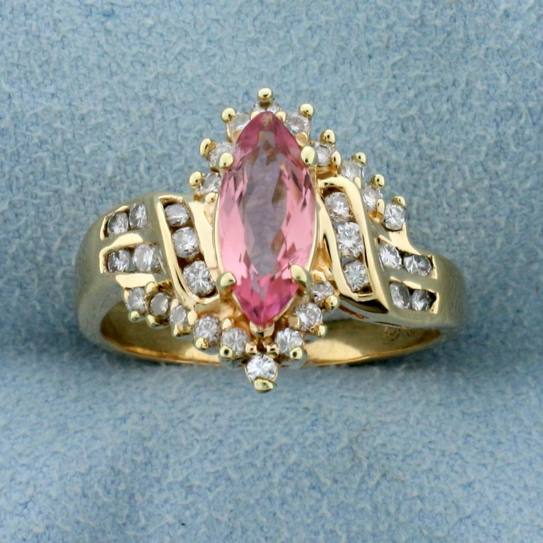 1ct TW Morganite and Diamond Ring in 14K Yellow Gold: In 14K Yellow Gold. Contains one high quality natural 2/3ct marquis Morganite gemstone with beautiful salmon pink color and excellent clarity. Also contains thirty-two high quality .01ct round Diamond