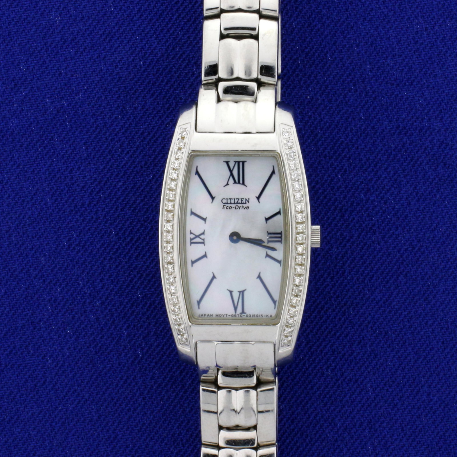 Citizen Women's Stiletto Eco-Drive Diamond Watch in: In Stainless Steel. Great condition with no scratching on crystal or band. Contains forty-two high quality 1/2pt round cut Diamonds on bezel. Mother of pearl face. Water resistant. Eco-Drive solar pow