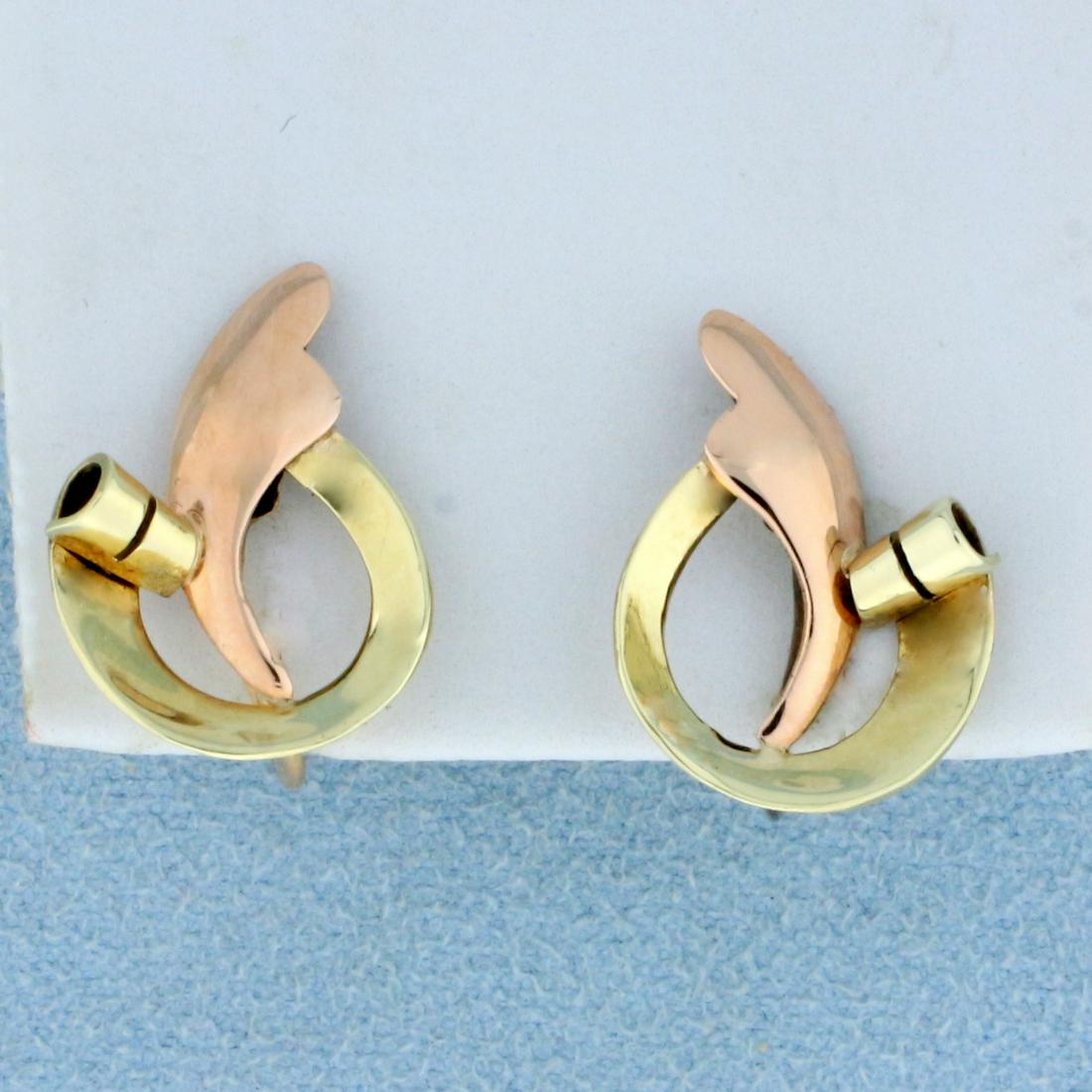 Antique Abstract Design Screw Back Earrings in 14k: In 14K yellow and rose gold, earrings are 3/4 inch long. For non-pierced ears. 4.1g