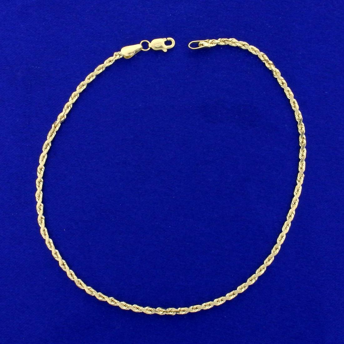10 Inch Rope Style Anklet in 14K Yellow Gold: In 14K Yellow Gold. 10 inches long. 2mm wide. Lobster clasp. 2.8g