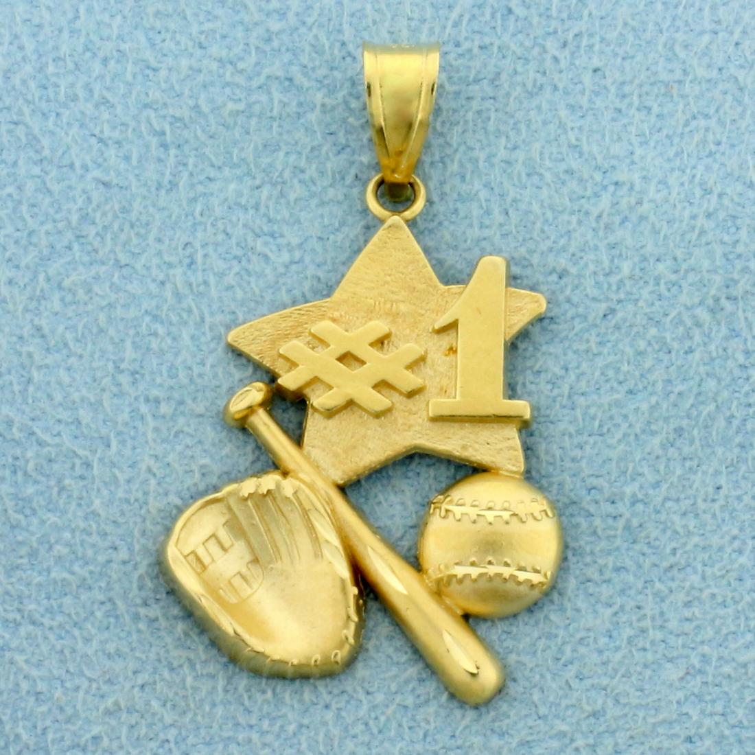 Number One Baseball Star Pendant in 14K Yellow Gold: In 14K Yellow Gold. 1 1/4 inch long including bale. 3/4 inch wide. 2.2g