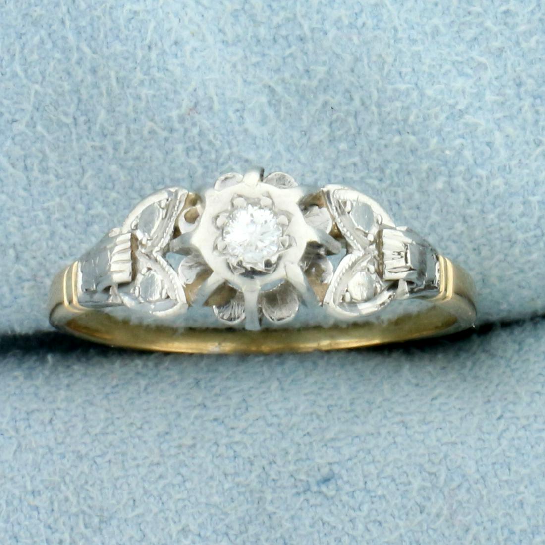 Vintage Solitaire Diamond Promise Ring in 14K Yellow: In 14K Yellow and White Gold. Contains a high quality .07ct Diamond, SI clarity/H color. Size 7. 2.6g.