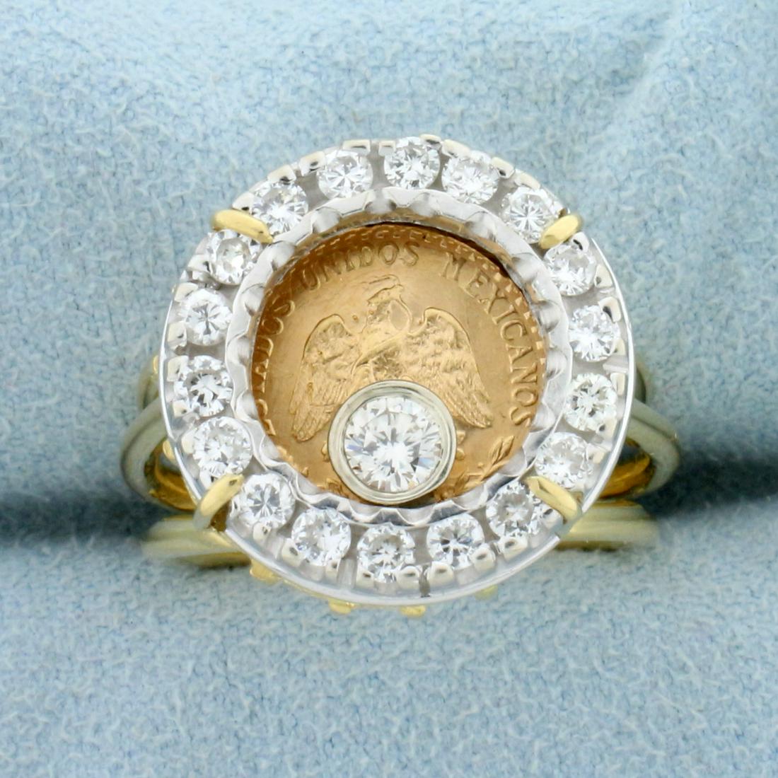 2.5 Peso Mexican Gold Coin Diamond Ring in 18K Yellow: In 18K Yellow and White Gold. Contains a 2.5 Peso Mexican Gold Coin in center of ring. Also contains a 1/4ct Diamond in center of ring that spins around inside circumference of ring. Also contains eig