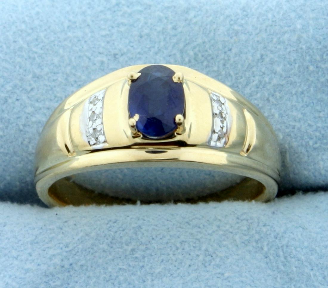 Men's 1ct Natural Sapphire and Diamond Ring in 14K: In 14K Yellow and White Gold. Contains a high quality natural 7x5mm oval shaped Sapphire gemstone with intense blue color and excellent clarity. Also contains six high quality 1/2pt Diamonds. Size 10