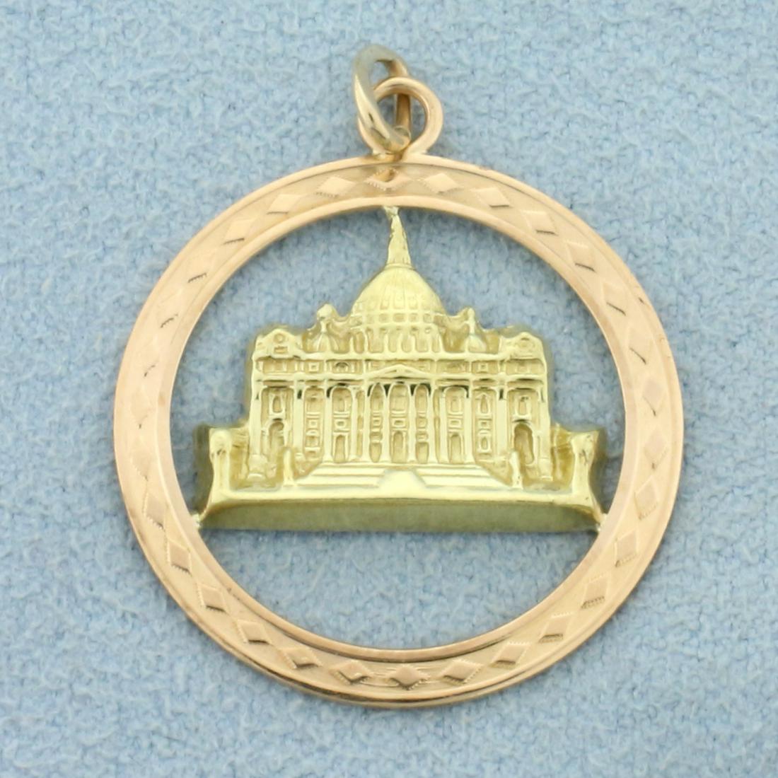 St. Peter's Basilica Pendant in 18K Yellow and Rose: In 18K Yellow and Rose Gold. 1 1/4 inches long, 1 inch wide. 2.4g.