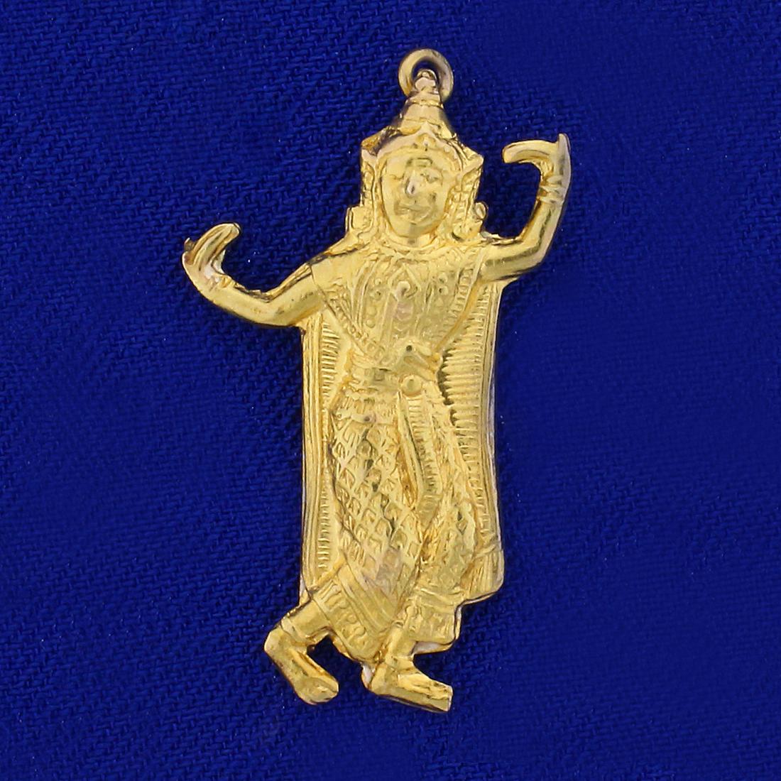 Balinese Dancer Pendant in 14K Yellow Gold: In 14K Yellow Gold. 1 1/4 inches long, 1/2 inch wide. 2.9g.