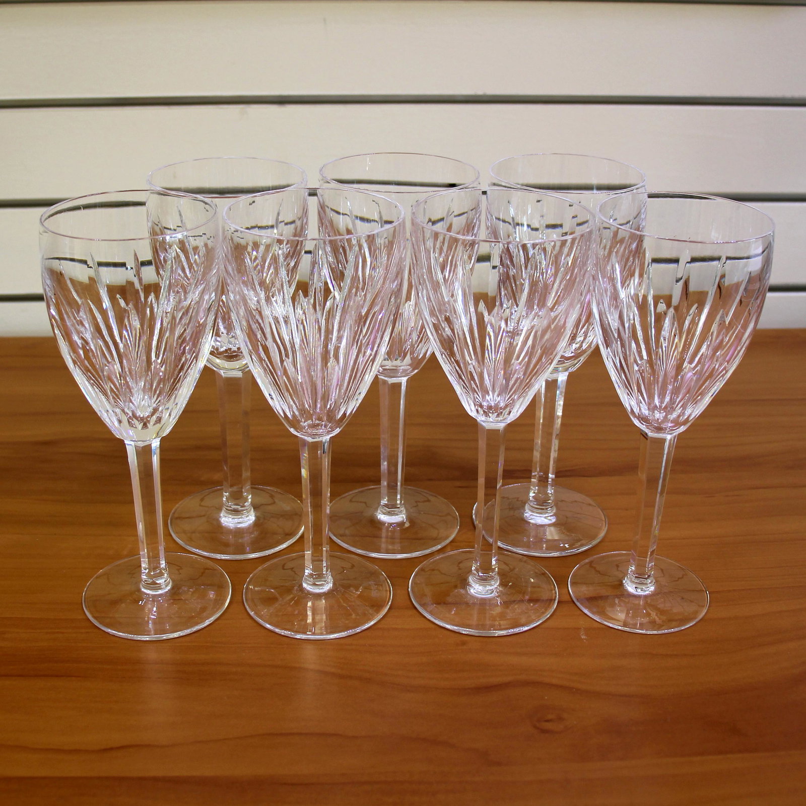 Waterford Crystal Carina Water Goblets Set of Seven: Old Gothic Style Waterford mark. Set of seven glasses. 8 inches high. 3 inch wide. No defects.