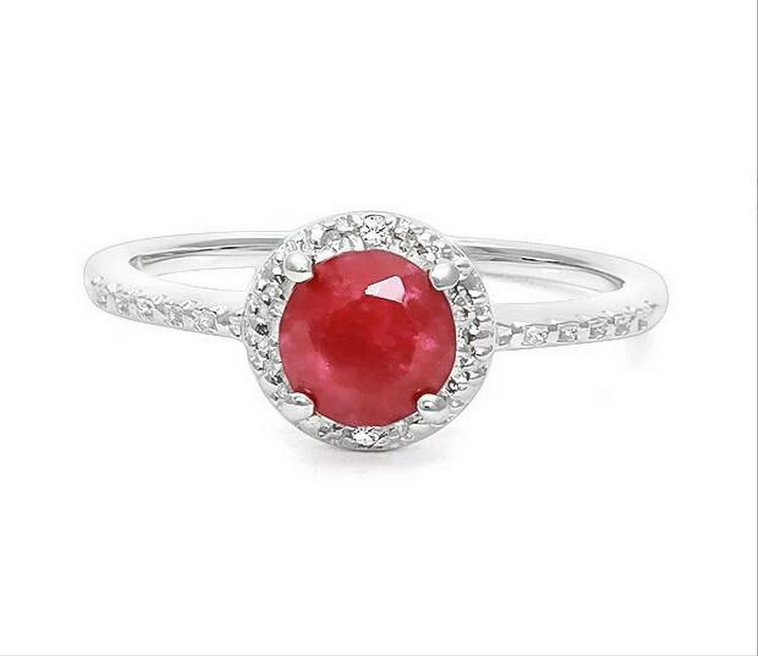 1.1CT Ruby & Diamond Halo Ring in Sterling Silver: Round cut 1.12ct ruby gemstone ring with rustic red color, accented with .01ctw genuine diamonds. Size 7. Set in platinum over sterling silver, 2.2g.
