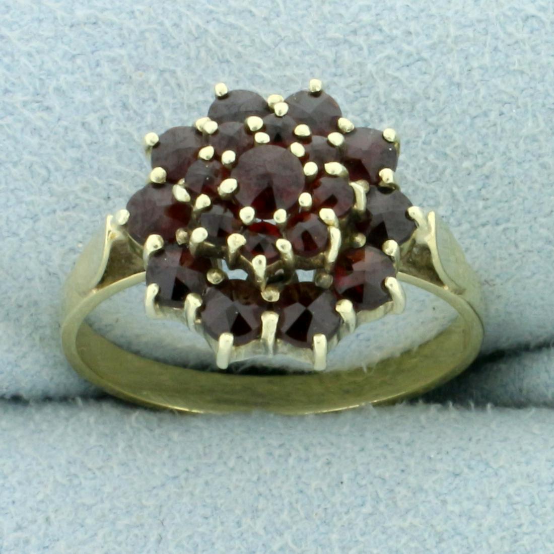 1ct TW Garnet Flower Design Ring in 14K Yellow Gold: In 14K Yellow Gold. Contains ten high quality natural 2.75mm, eight 2mm, and one 3mm Garnet gemstones with intense color and excellent clarity. Size 6. 3.6g