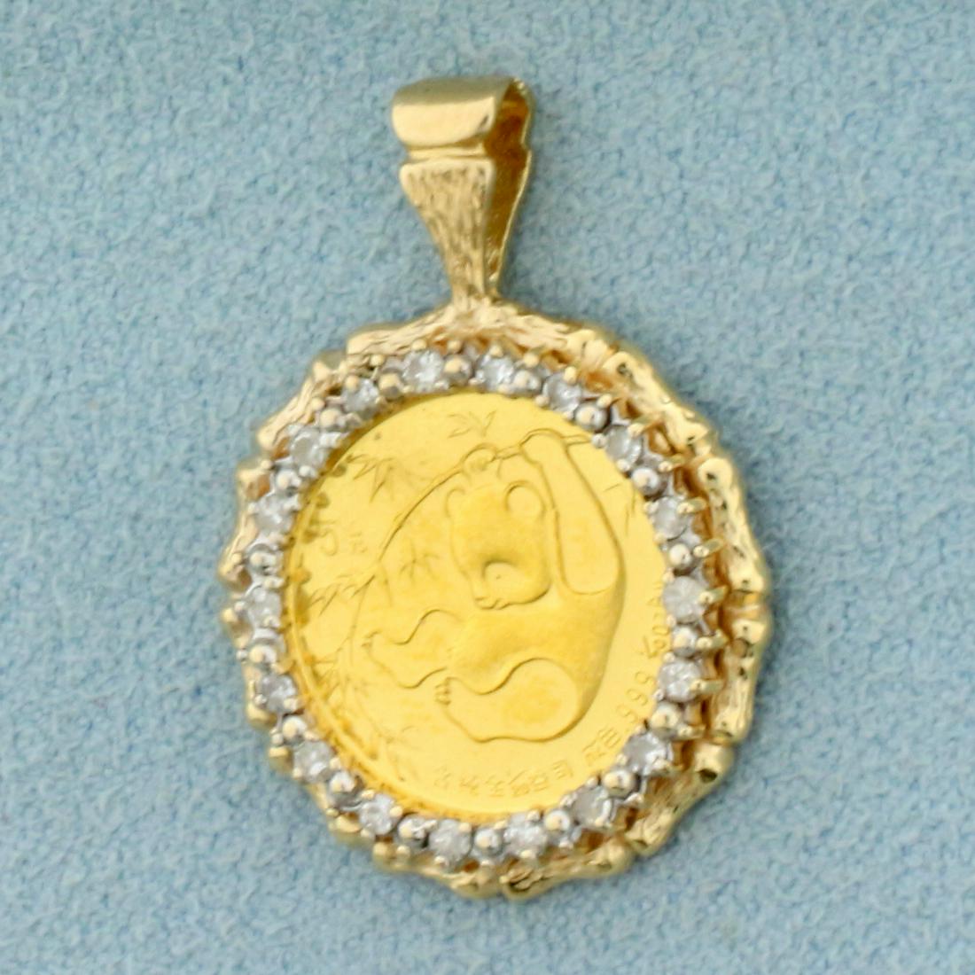 5 Yuan Chinese Panda Coin Diamond Pendant in 14K Yellow: In 14K Yellow Gold. 1985 5 Yuan 1/20 oz .999 pure gold coin. Contains eighteen high quality .01ct Diamonds, SI clarity/H color. 1 inch including bale. 3/4 inch wide. 3.4g