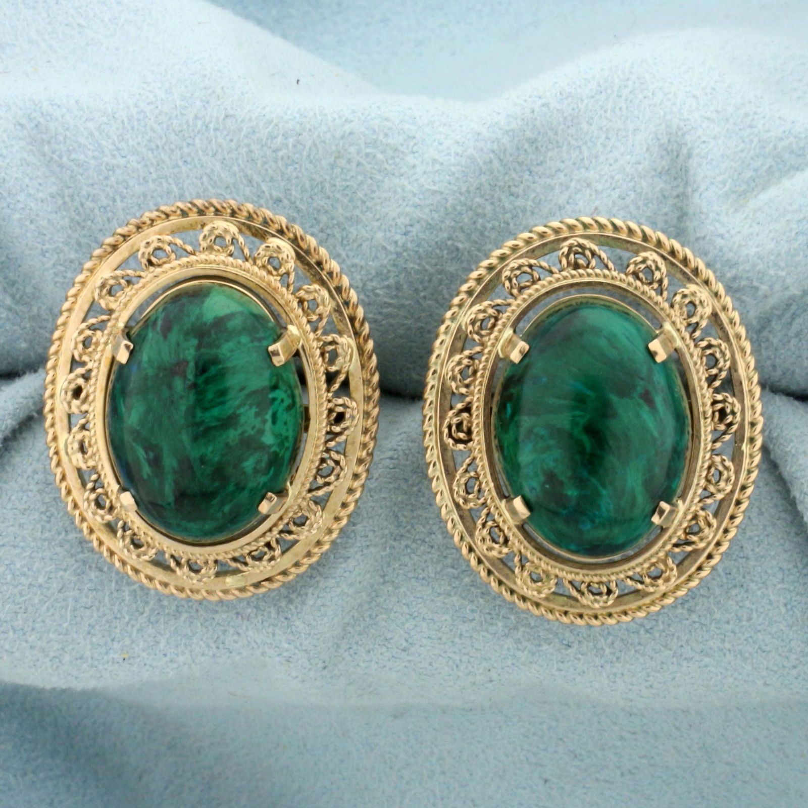 Vintage 20ct TW Malachite Cufflinks in 14K Rose Gold: In 14K Rose Gold. Each contains one high quality natural 16.8 x 12.8mm oval Malachite gemstone. 1 inch long. 7/8 inch wide. 18.8g