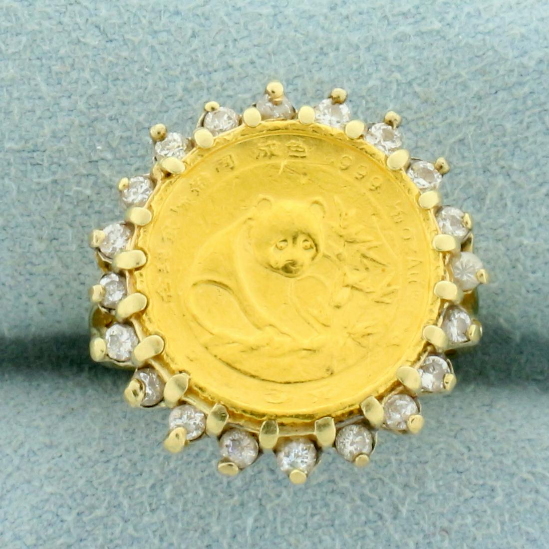 5 Yuan Gold Panda Coin Diamond Ring in 14K Yellow Gold: In 14K Yellow Gold. Contains a 5 Yuan 1/20 oz .999 pure gold coin from 1988. Also contains twenty high quality .01ct Diamonds, SI clarity/H color . Size 5. 5.3g